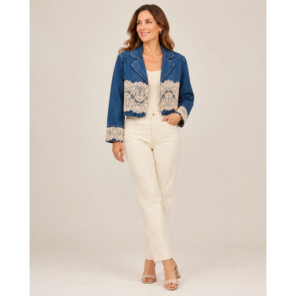 Berek 2 Takako Sakon Jean Jacket Womens Small Blue Lace Bead Trim Cotton Vintage